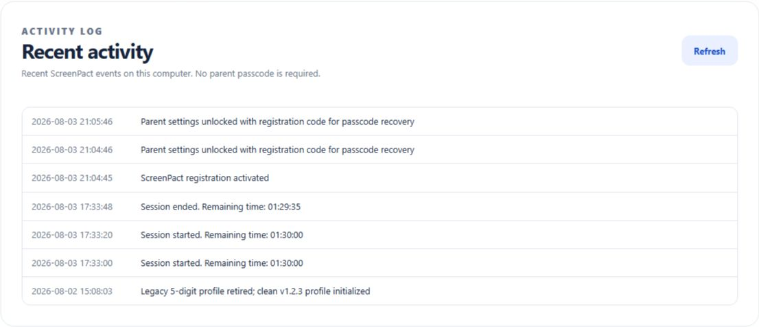 ScreenPact Activity Log showing recent local session and settings events