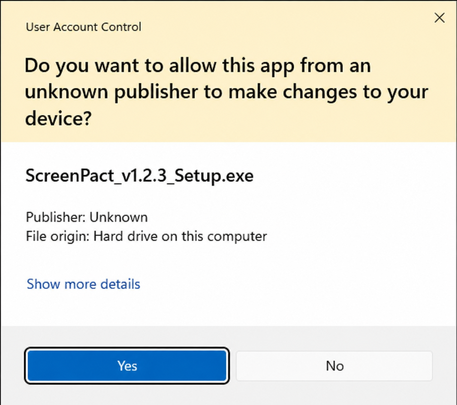 Windows User Account Control prompt for the ScreenPact installer