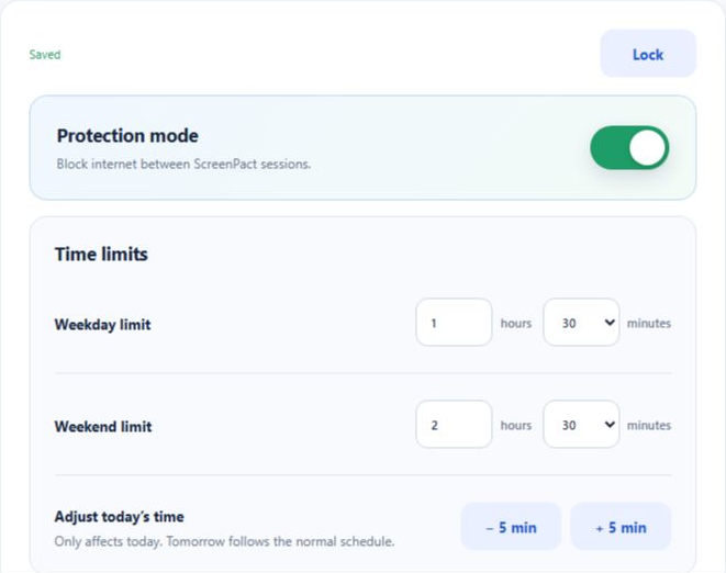 ScreenPact Parent Settings showing saved protection mode, weekday and weekend time limits, and today-only adjustments