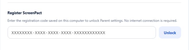 Registered-license field and Unlock button for parent recovery