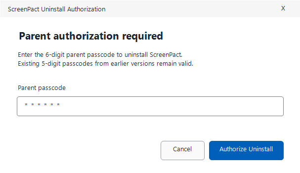 ScreenPact uninstall passcode prompt