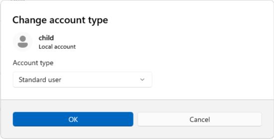 Windows account type showing the child account set to Standard user