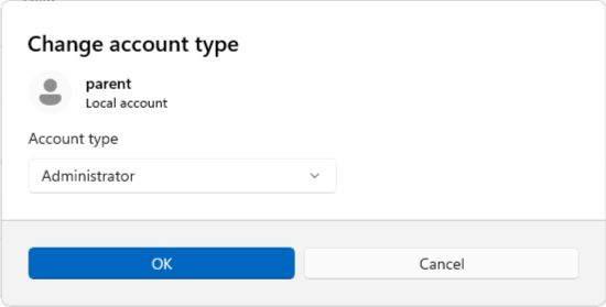 Windows account type dialog showing the parent account as Administrator